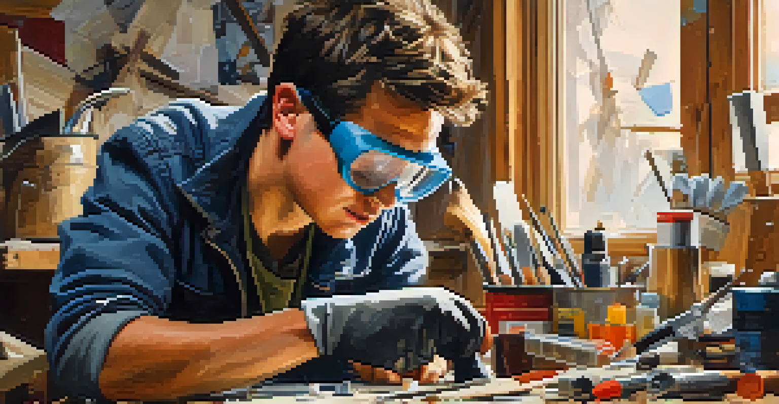 A DIY enthusiast in safety goggles and gloves using a utility knife on cardboard in a cluttered workspace filled with tools and materials.