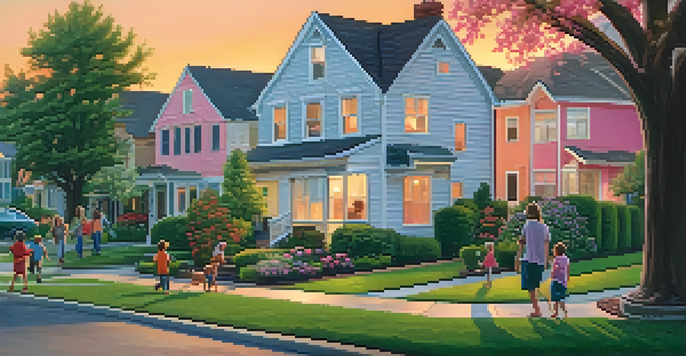A peaceful suburban neighborhood during sunset with well-kept homes, colorful flower gardens, and children playing outside.