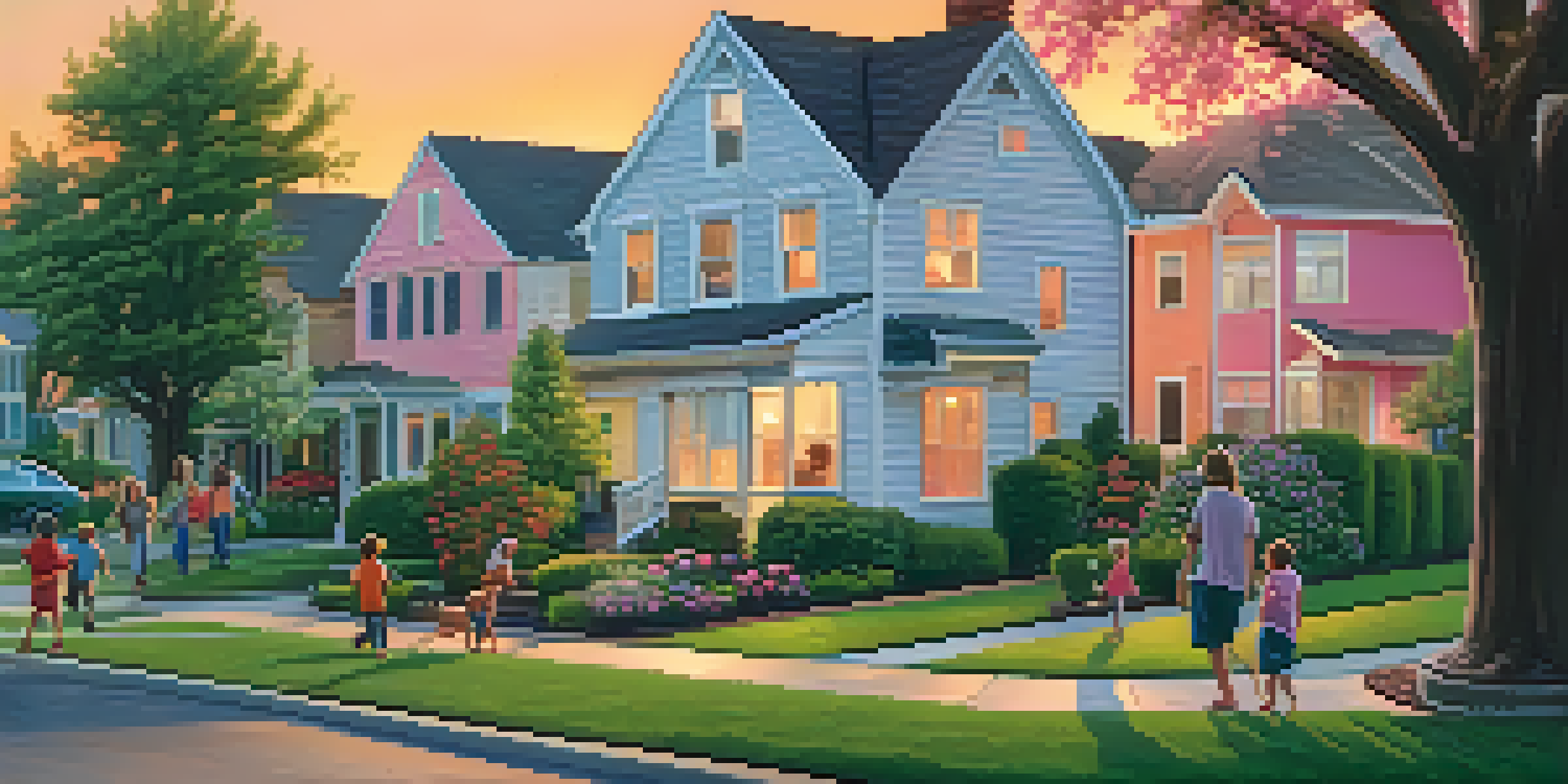 A peaceful suburban neighborhood during sunset with well-kept homes, colorful flower gardens, and children playing outside.