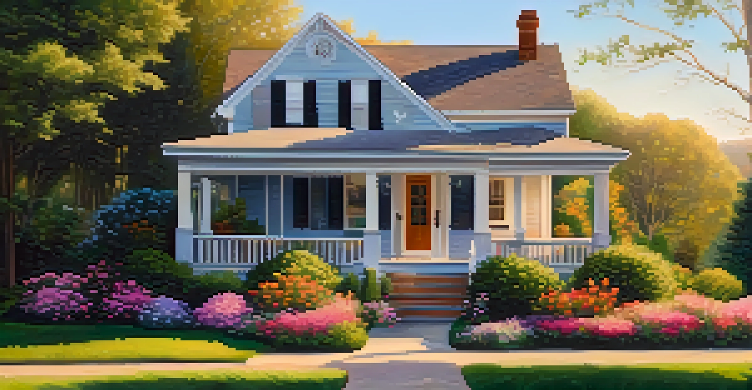 An outdoor view of a rental property with a manicured lawn, flowers, and a charming porch.