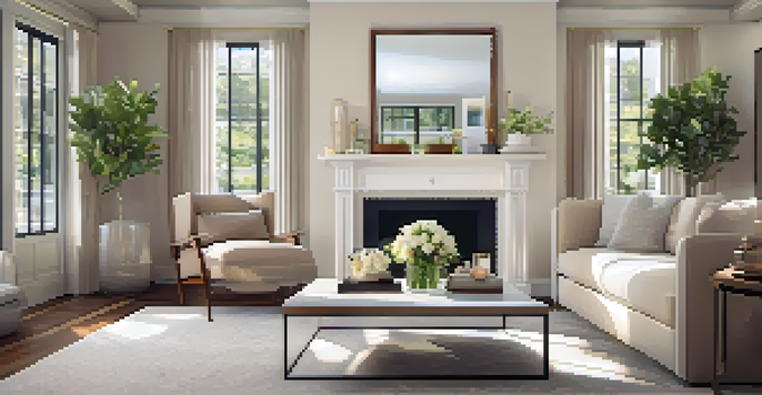 A well-decorated living room with a cozy sofa, fresh flowers, and a large mirror reflecting light.