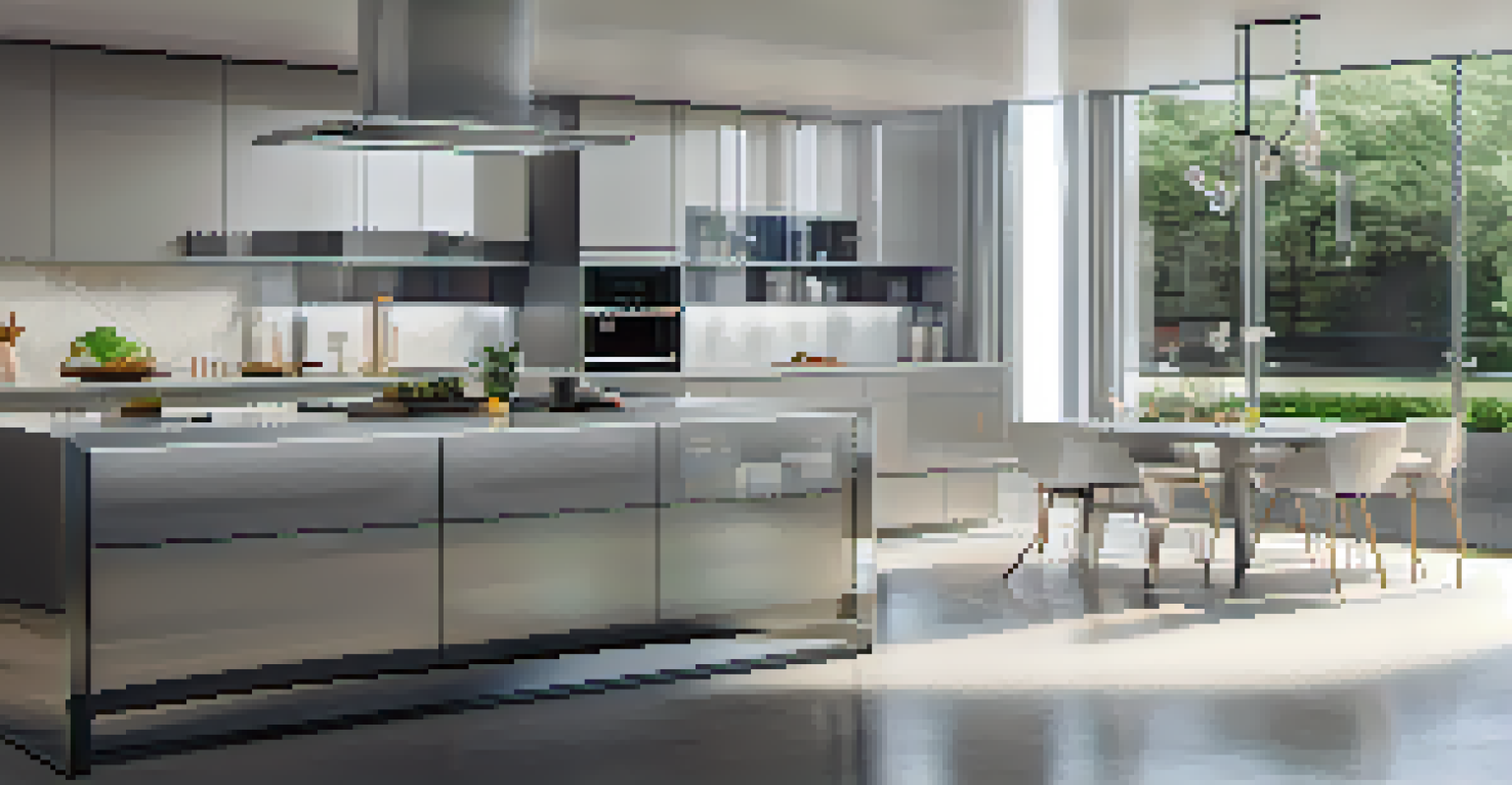 A high-tech kitchen showcasing smart appliances and a minimalist design with bright LED lighting.
