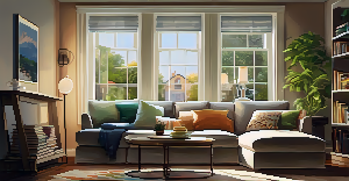 A warm and inviting living room with a sofa, coffee table, and large window showing a sunny view.