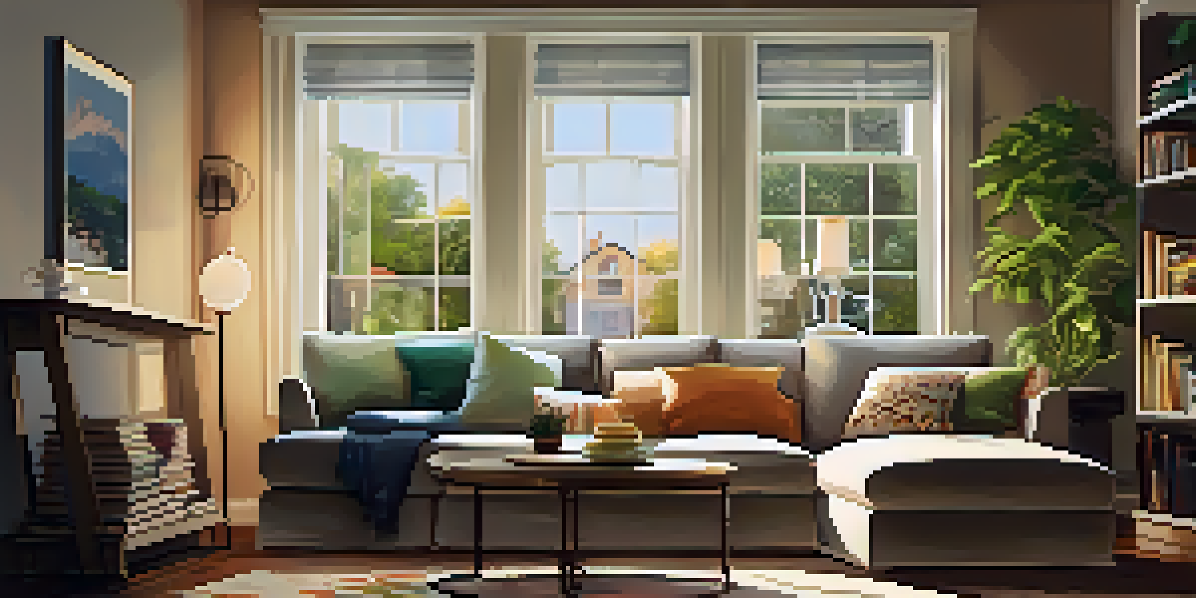 A warm and inviting living room with a sofa, coffee table, and large window showing a sunny view.