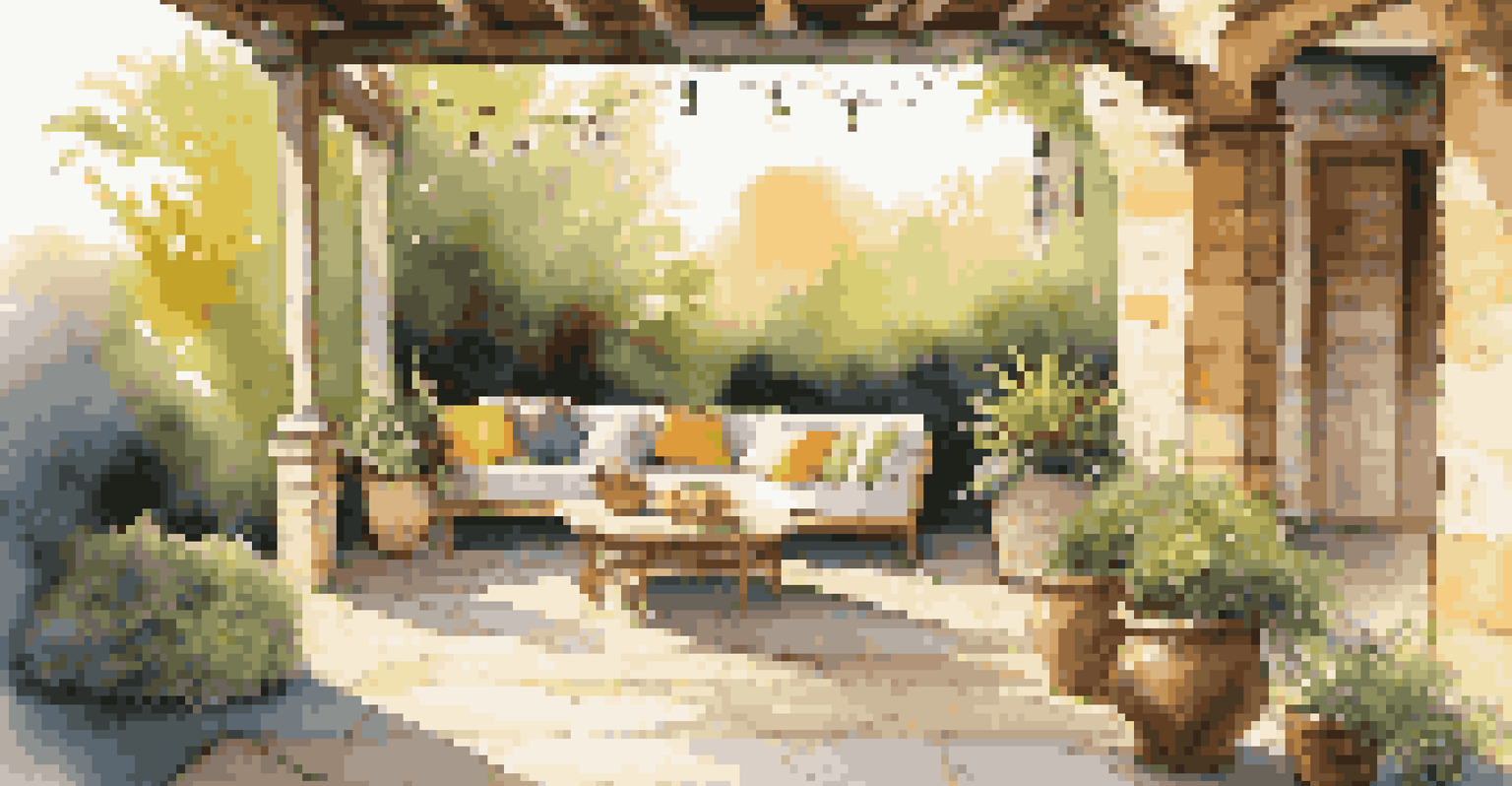 A serene outdoor patio featuring locally sourced stone and sustainable wood, filled with plants and comfortable furniture, basking in golden sunlight.