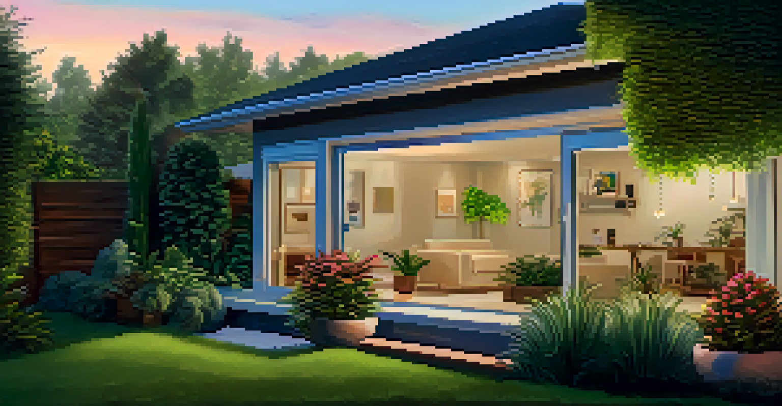 A backyard with a smart security camera mounted on a wall among green plants during the evening.