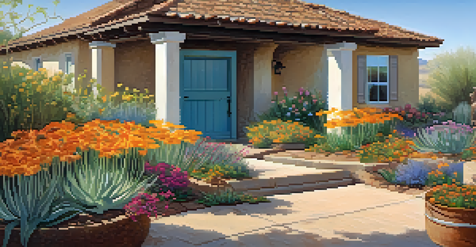 A vibrant garden designed for water conservation with drought-resistant plants and a rainwater collection system.