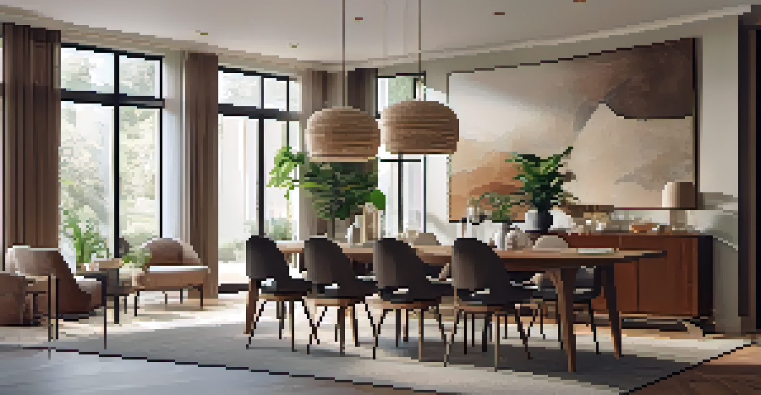 An elegant dining area set for a meal in an open concept living space, featuring a wooden table, stylish chairs, and decorative screens.