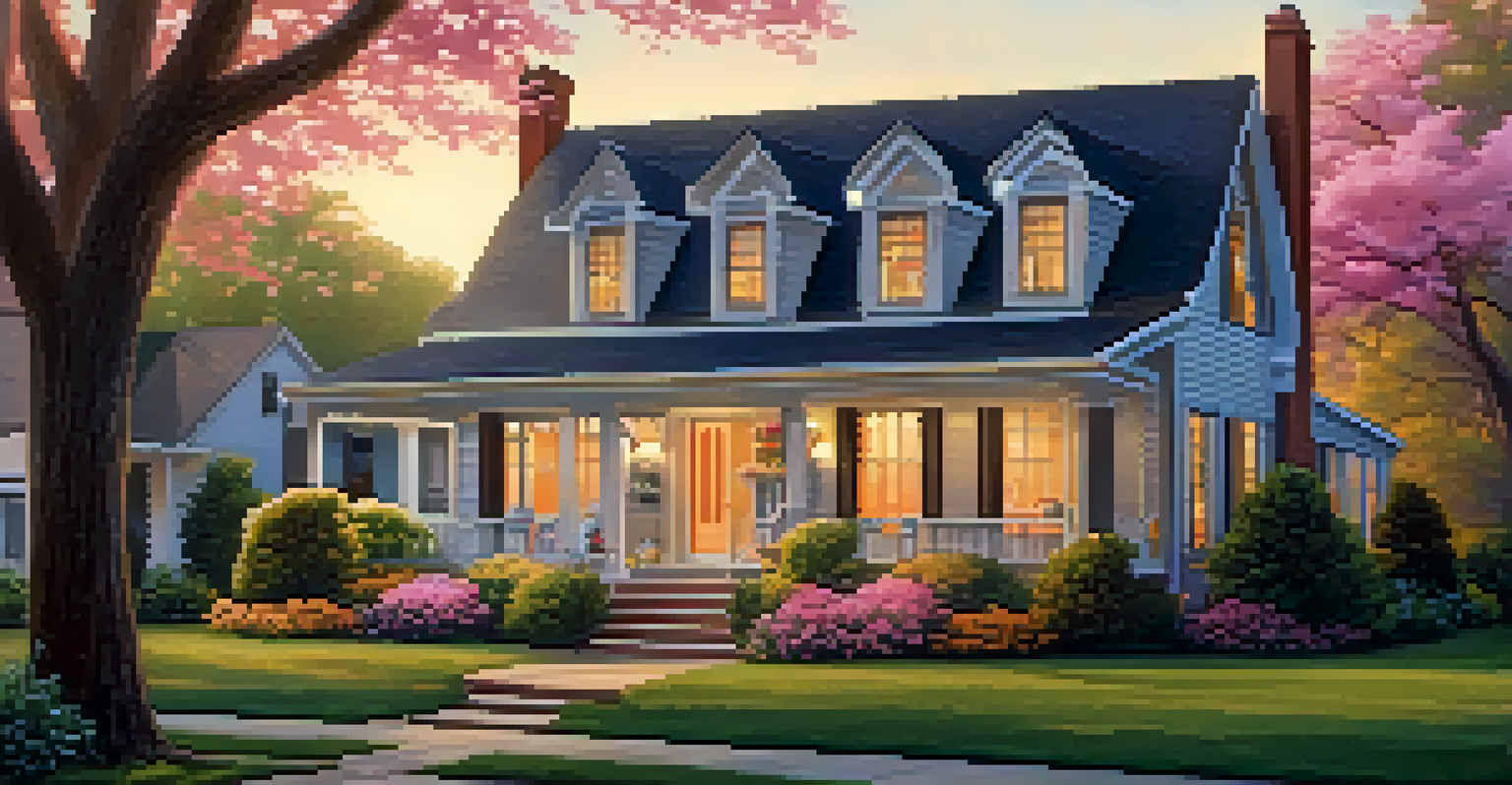 A picturesque suburban house with a garden at sunset.