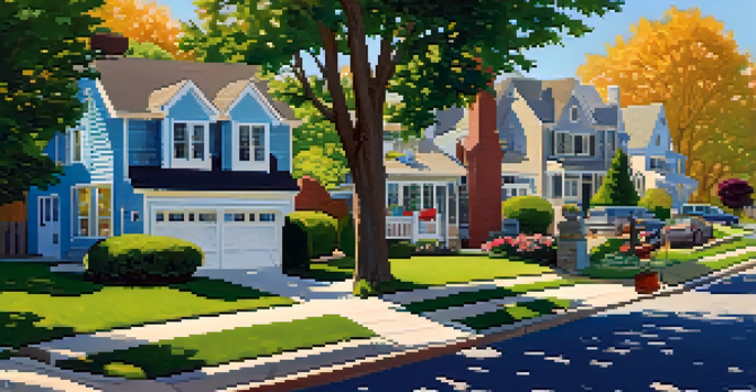 A suburban neighborhood with houses and a homeowner reviewing property tax documents by a mailbox.