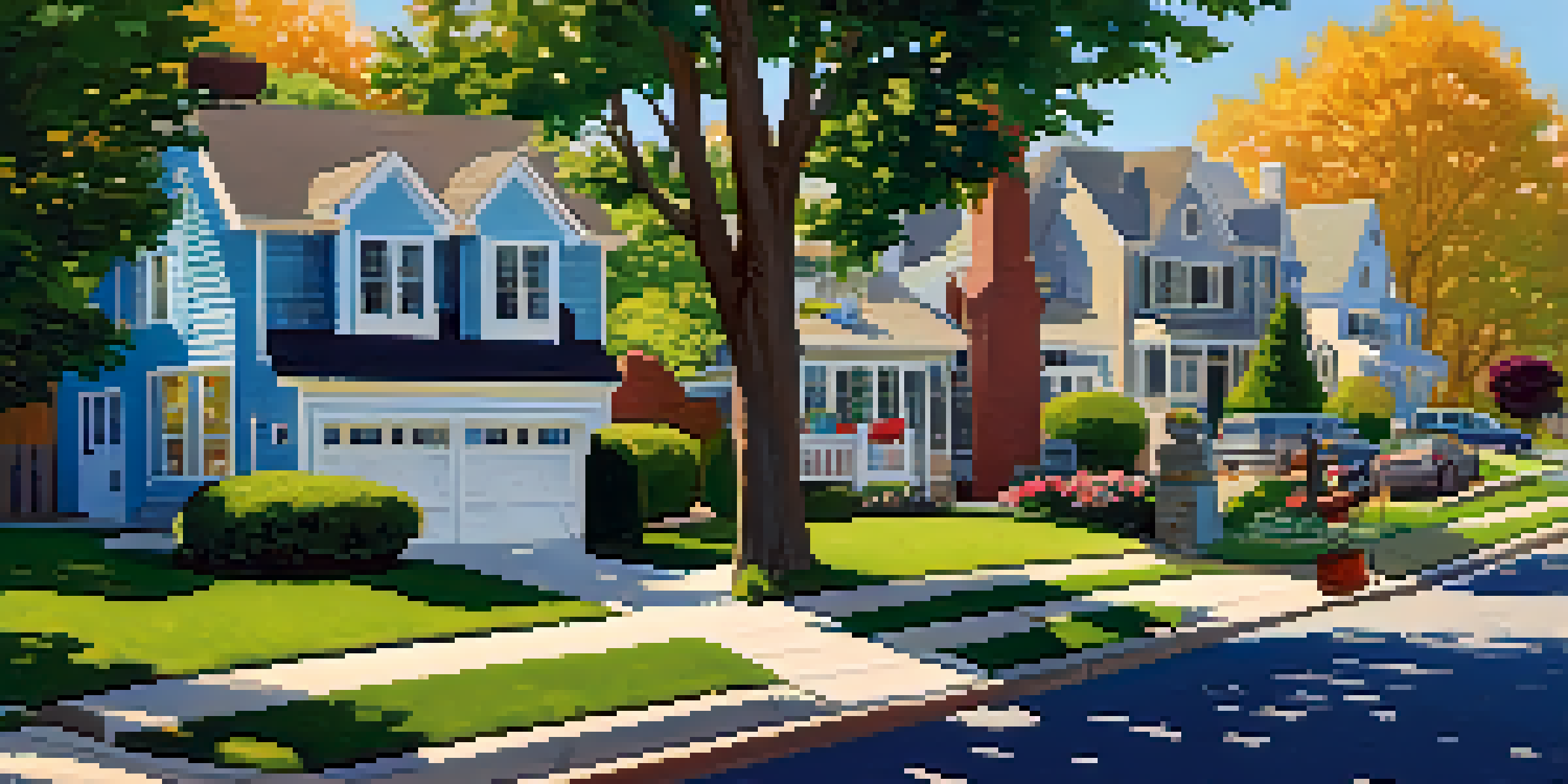 A suburban neighborhood with houses and a homeowner reviewing property tax documents by a mailbox.