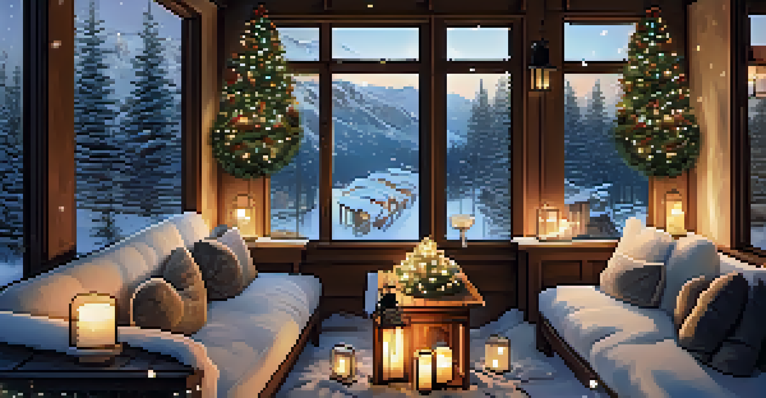 A winter balcony decorated with pine garlands, string lights, and comfortable seating, illuminated by lanterns and candles.