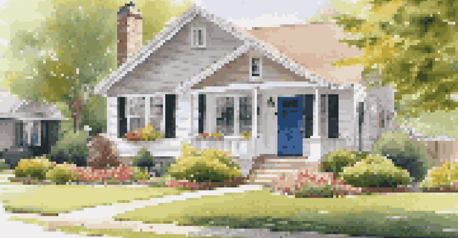 A charming home exterior with a beautiful lawn, flower beds, and a welcoming porch.