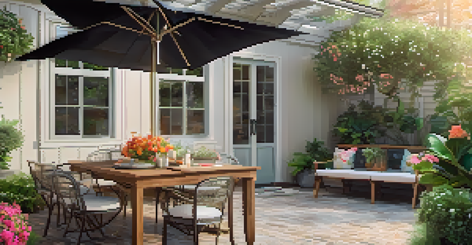 An outdoor patio with a wooden dining table, stylish chairs, vibrant flowers, and string lights overhead, creating a charming space.
