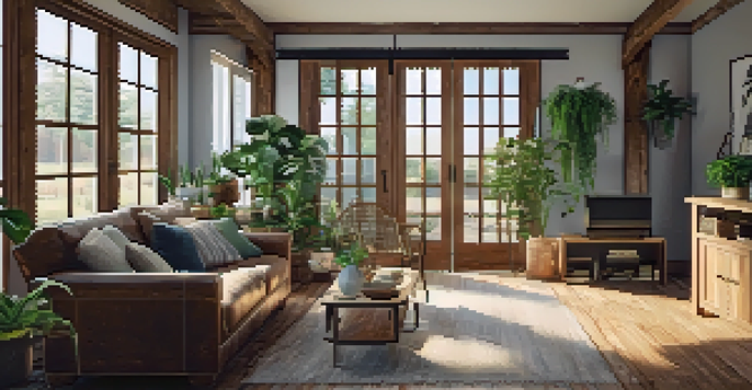 A warm living room decorated with reclaimed wood flooring, vintage barn door, plants, and rustic furniture, illuminated by natural light.