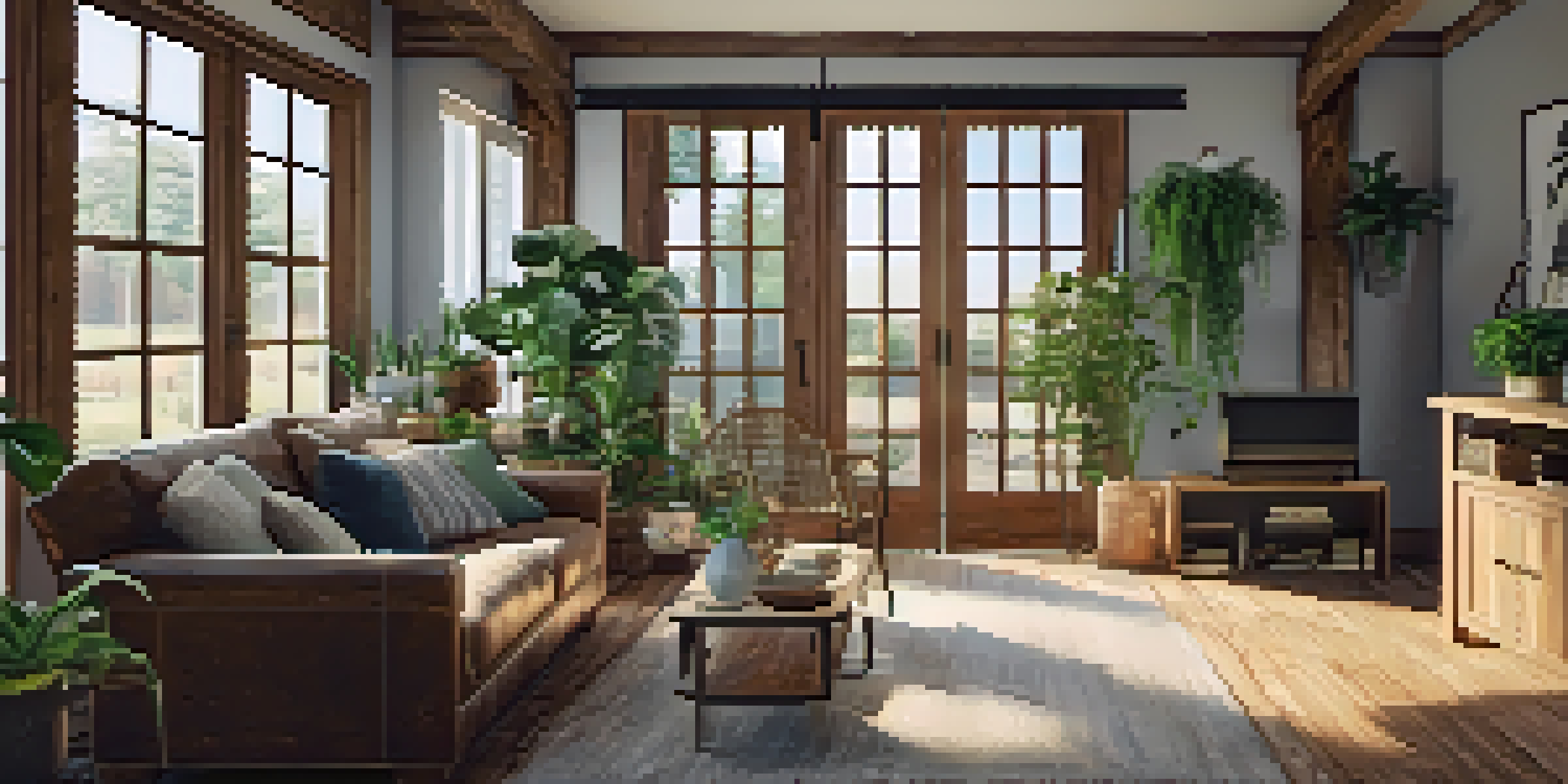 A warm living room decorated with reclaimed wood flooring, vintage barn door, plants, and rustic furniture, illuminated by natural light.