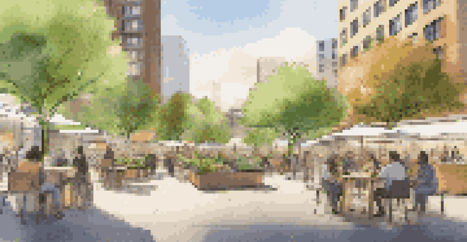 A bustling public square with digital art installations, people socializing, and a food market, illuminated by warm evening lights.