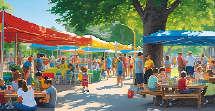 A lively community event in a park, with families and children enjoying activities and local business stalls.