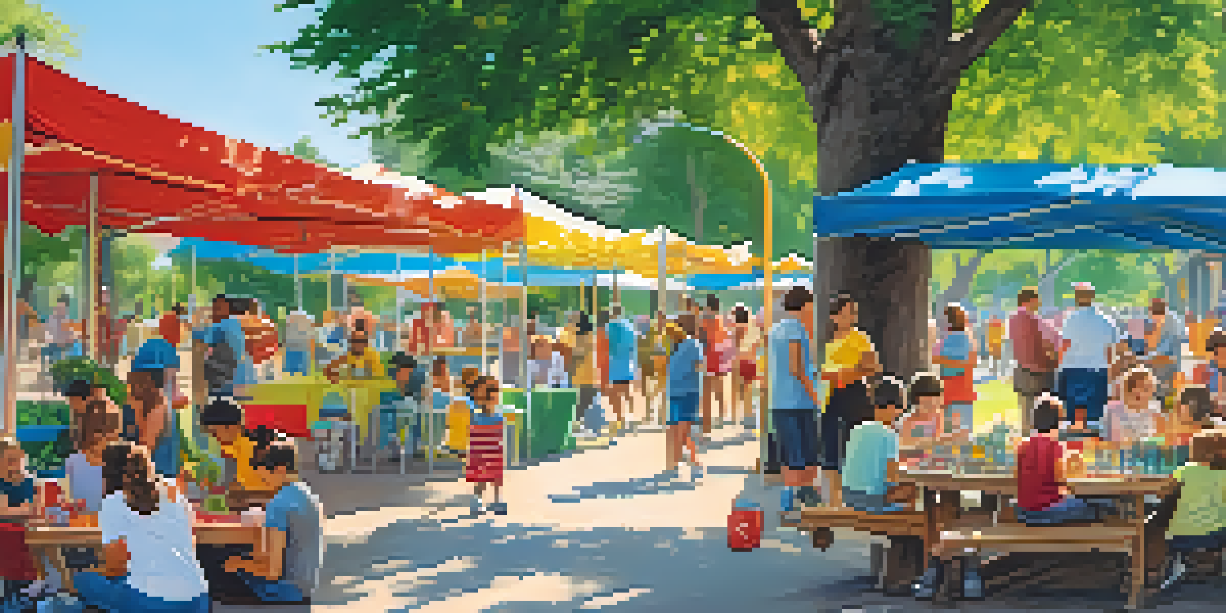 A lively community event in a park, with families and children enjoying activities and local business stalls.