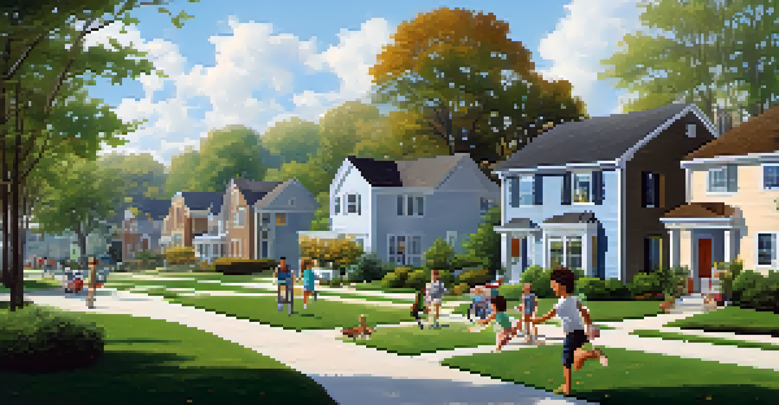 A peaceful suburban neighborhood with families enjoying outdoor activities, surrounded by spacious homes and green parks under a blue sky.