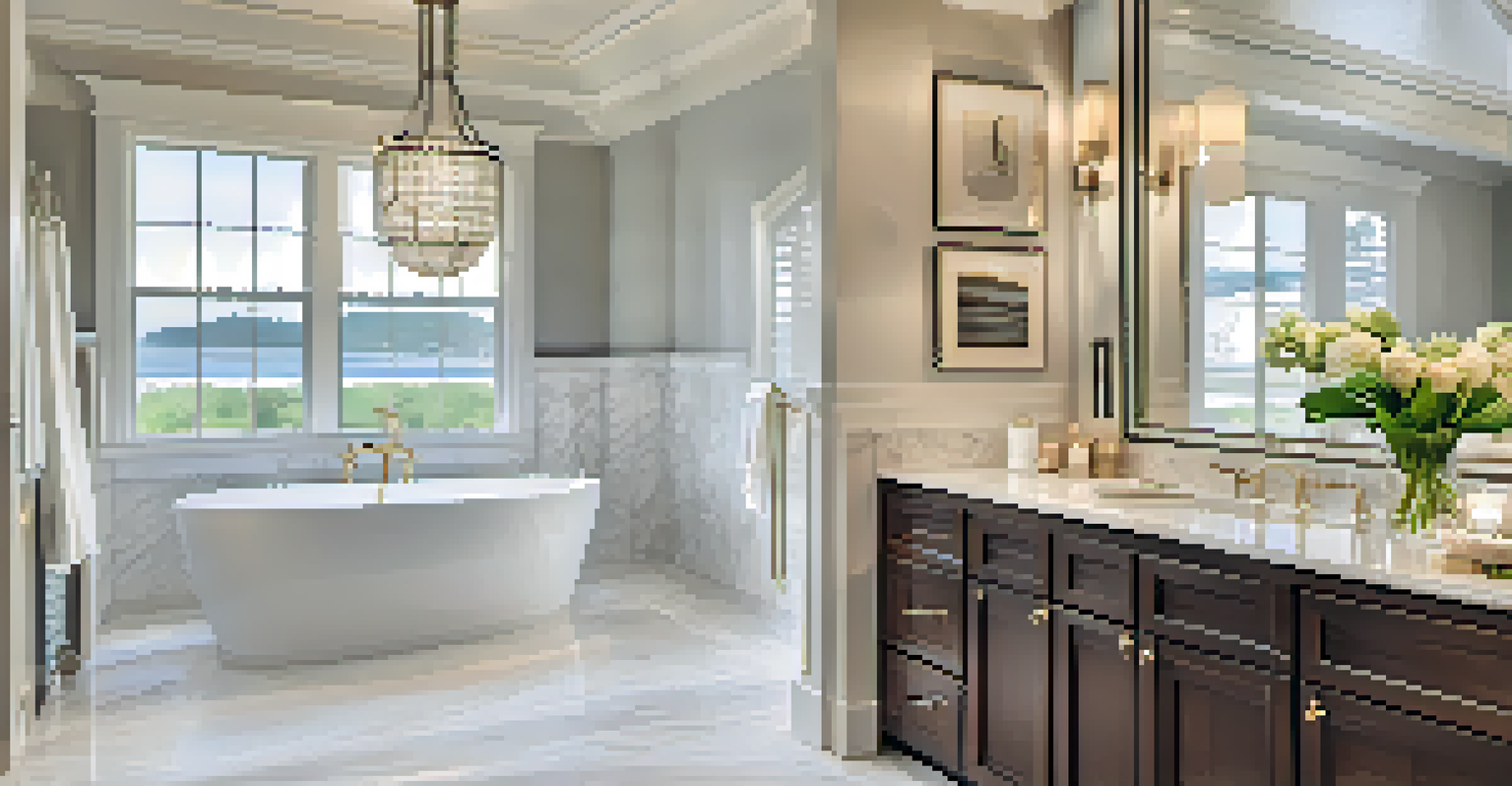 A luxurious bathroom showcasing marble countertops and a large soaking tub, bright and elegantly lit.