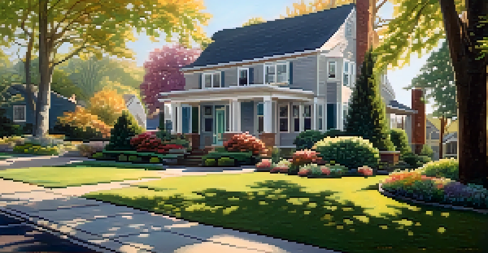 A suburban home with a garden and a visible office setup, surrounded by sunlight and trees.