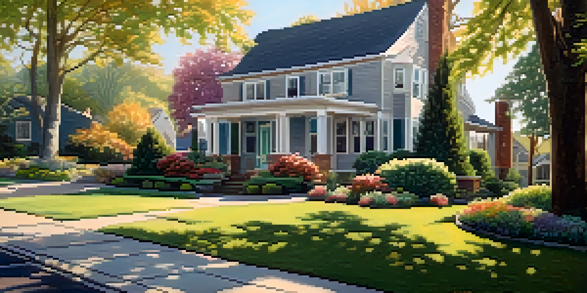 A suburban home with a garden and a visible office setup, surrounded by sunlight and trees.