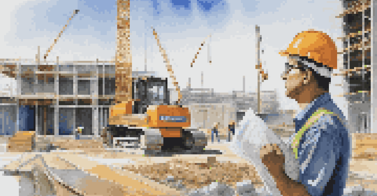 A contractor in a hard hat examining plans at a construction site with scaffolding and equipment.