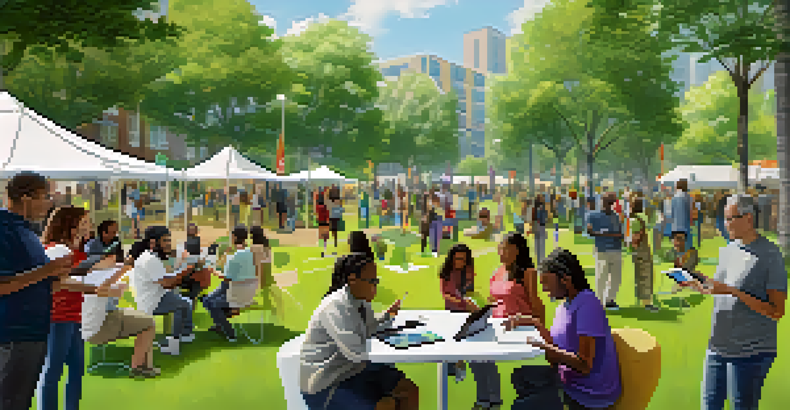 Community members engaging in a discussion at a park, using tablets to provide feedback on smart city projects.