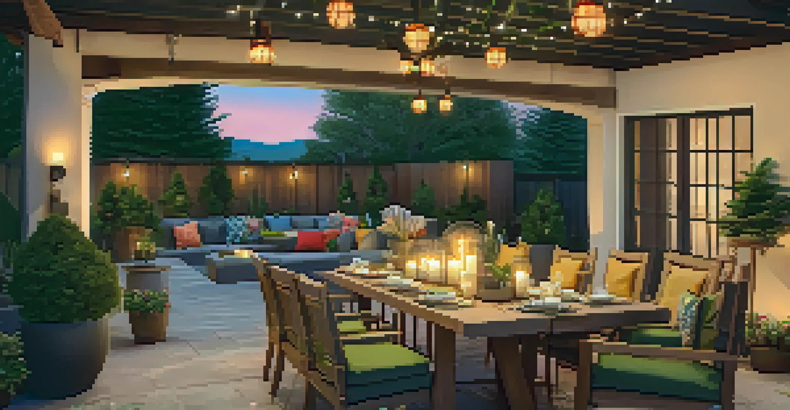 An outdoor patio with seating, a fire pit, and a dining table set for a meal under fairy lights.