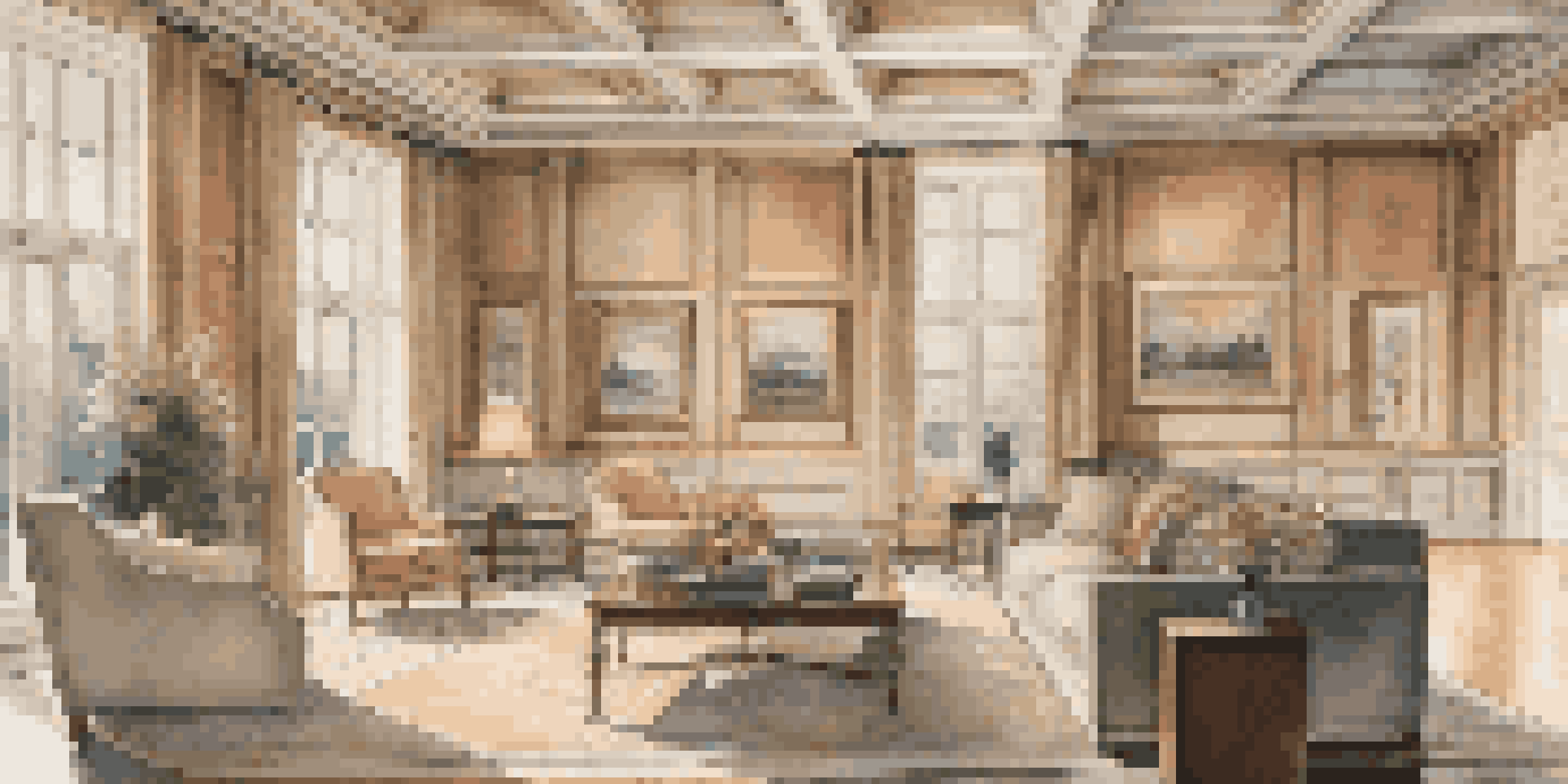 An elegant room with a coffered ceiling and soft recessed lighting, creating a warm ambiance.