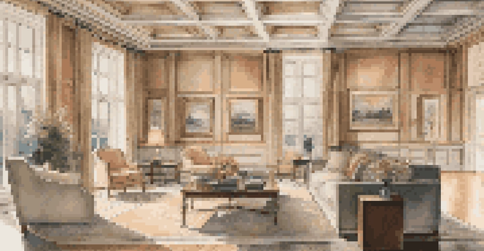 An elegant room with a coffered ceiling and soft recessed lighting, creating a warm ambiance.