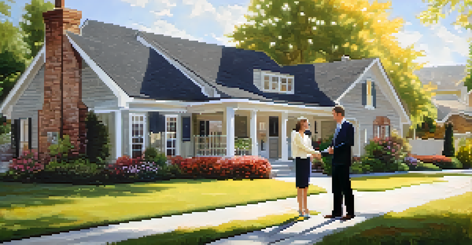 A real estate agent shaking hands with a couple in front of a sold house, exuding happiness and success.