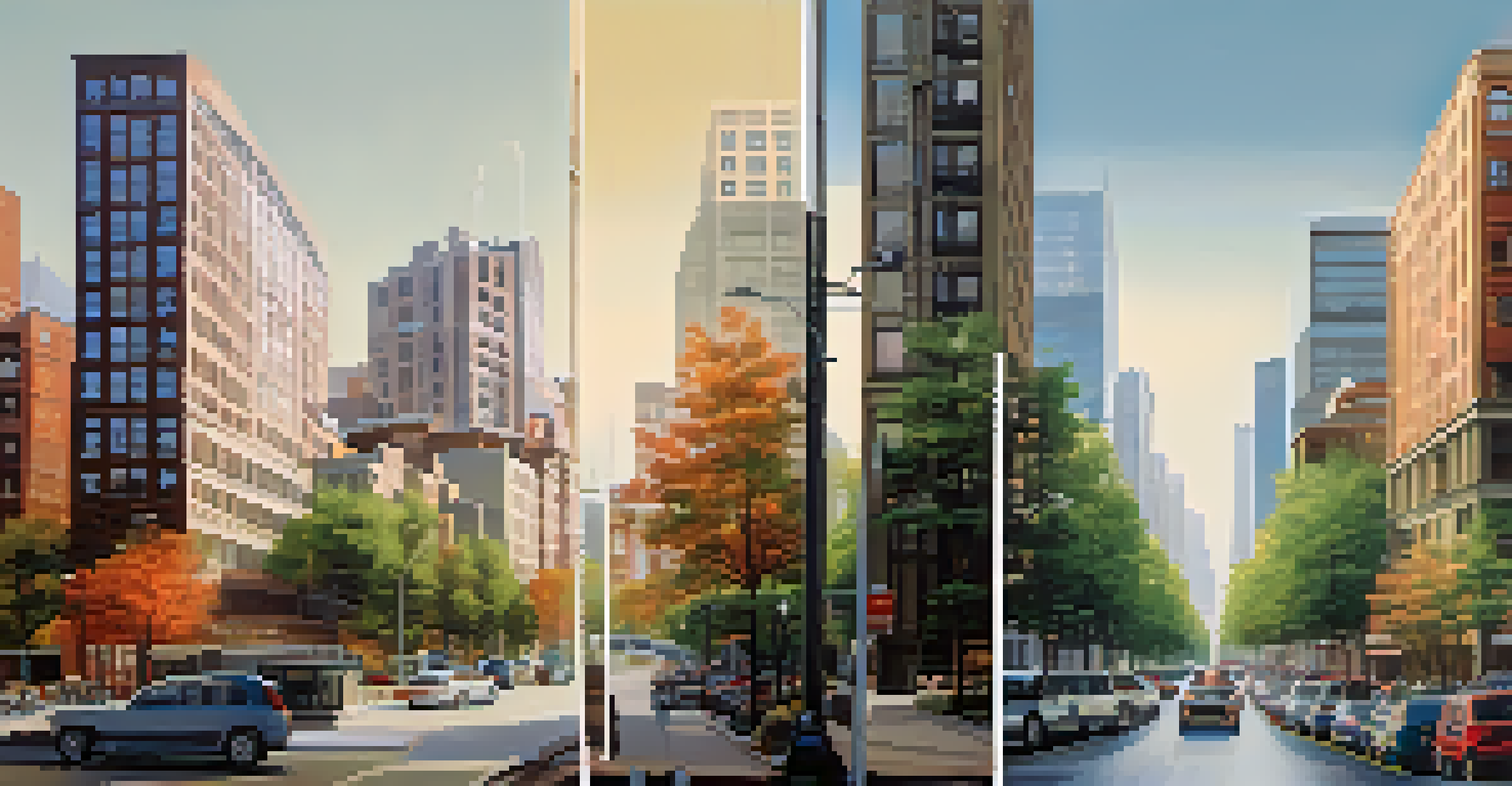 A split image showing a busy urban market on one side and a calm rural market on the other, highlighting contrasting property values.