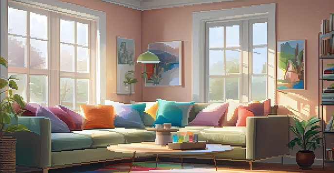 A cozy living room with bright natural light, comfortable furniture, and decorative plants.