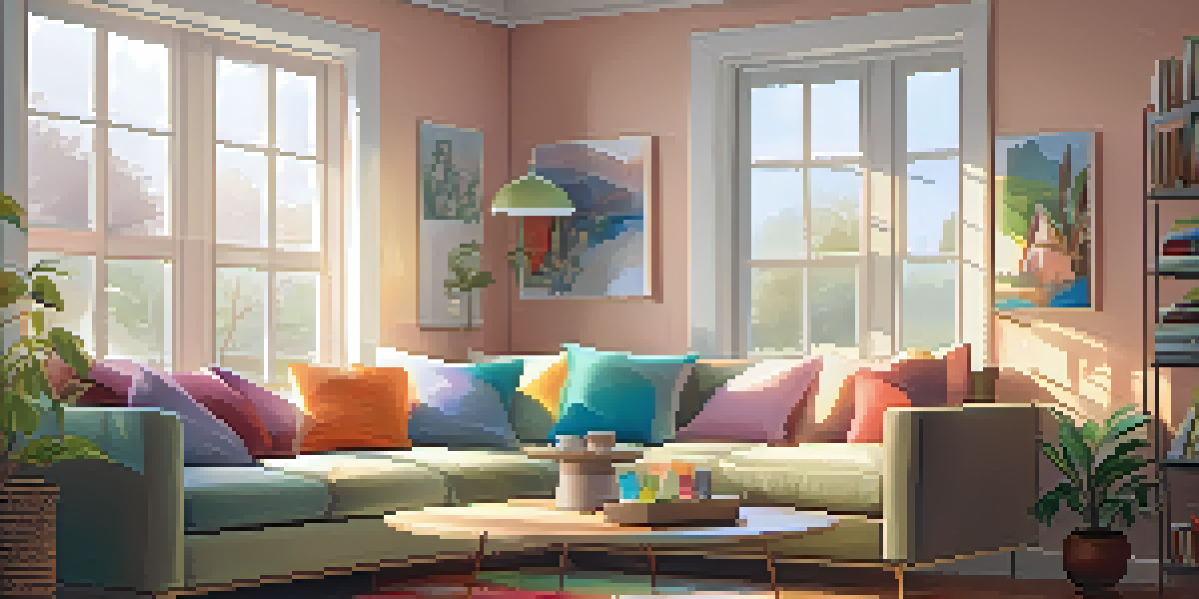A cozy living room with bright natural light, comfortable furniture, and decorative plants.