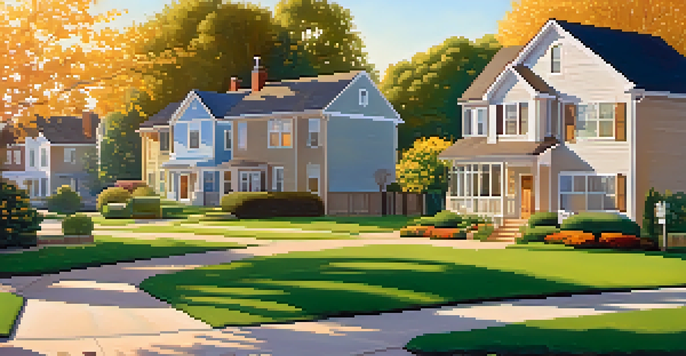 A peaceful suburban neighborhood with houses, lawns, and flowers under a golden sunset.