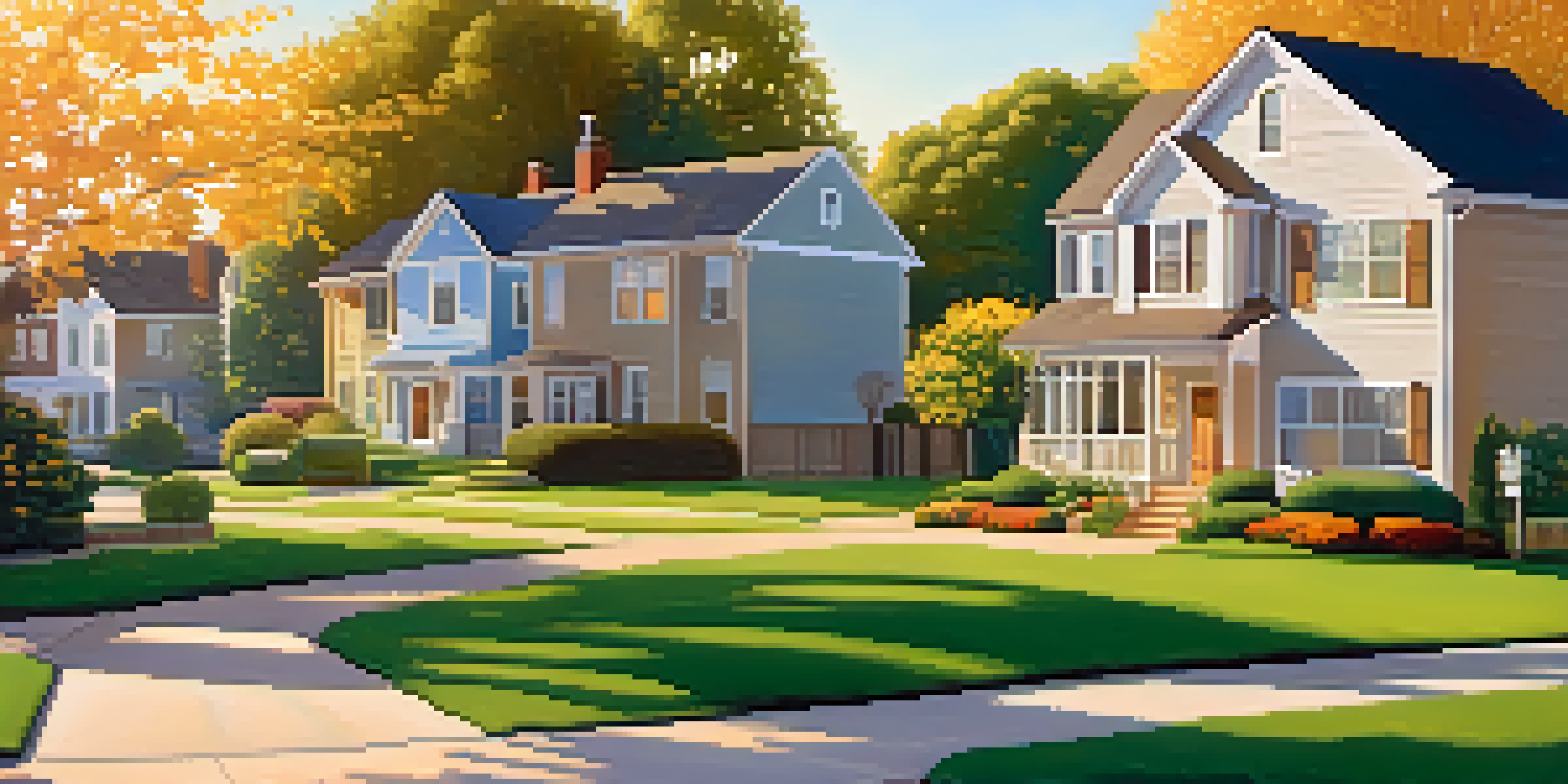 A peaceful suburban neighborhood with houses, lawns, and flowers under a golden sunset.