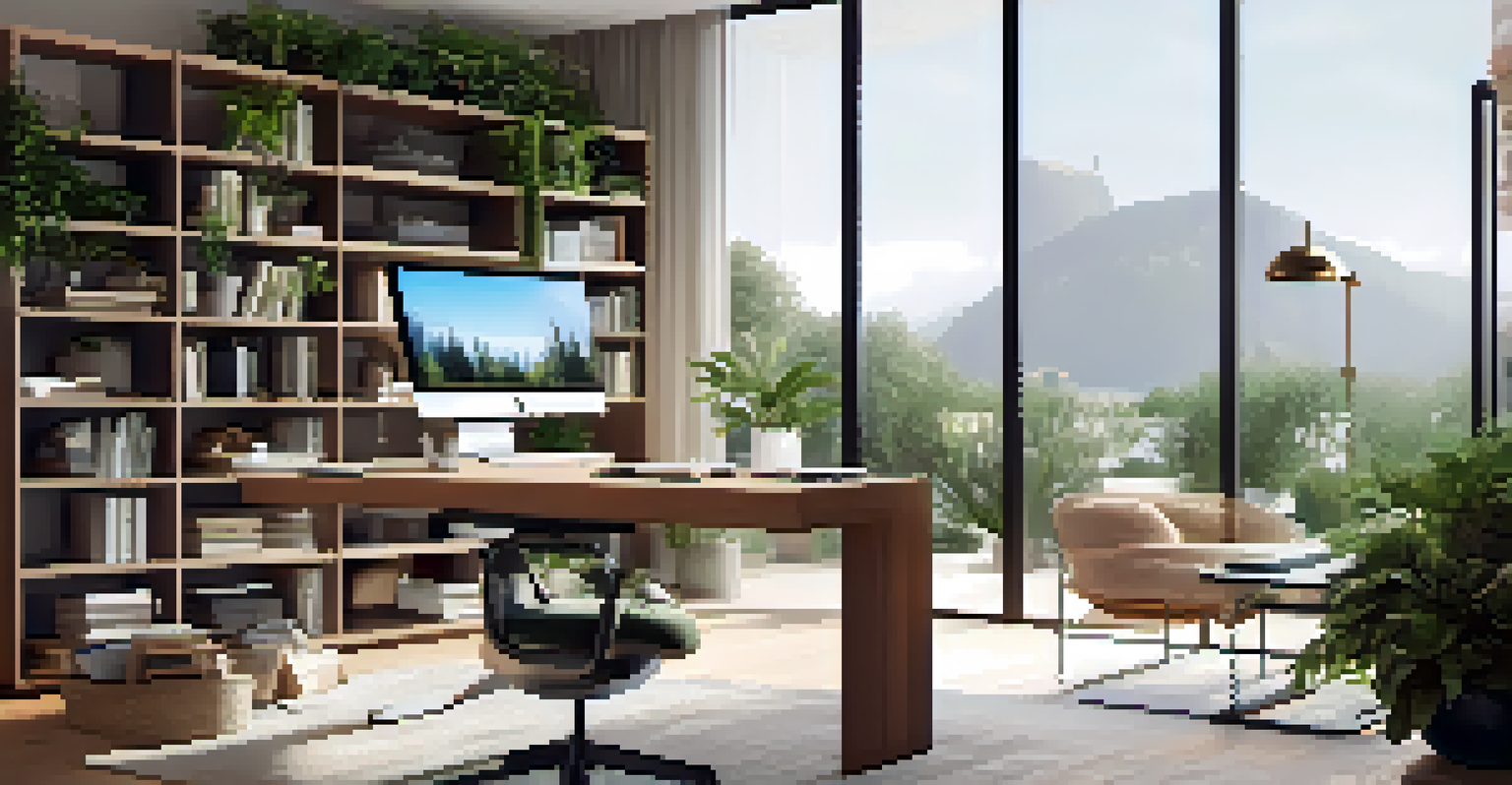 A stylish open concept home office area within a living room, featuring a modern desk and ample natural light.