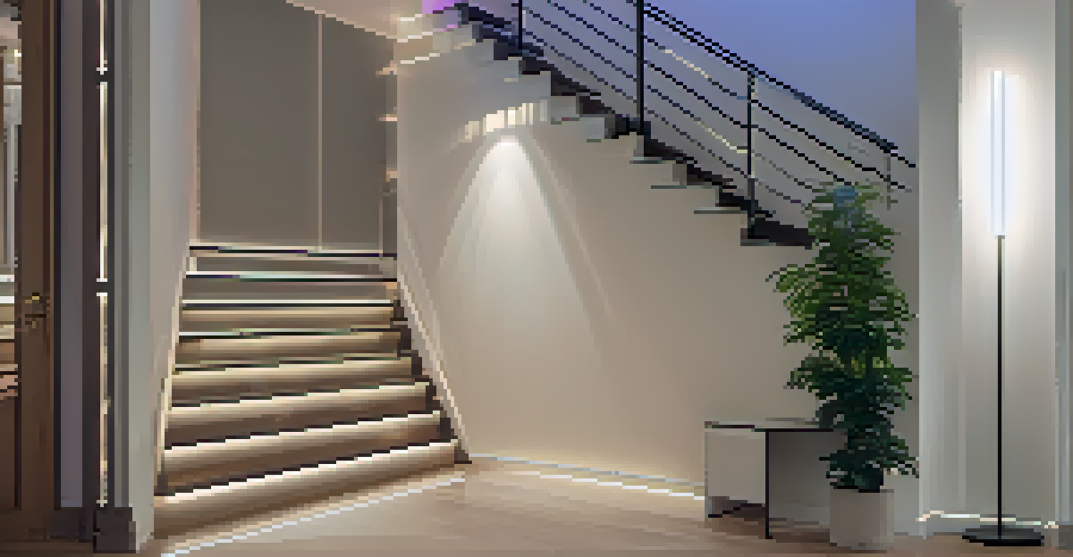A modern hallway with colorful LED strip lights along the stairs and baseboards, featuring a tall potted plant.