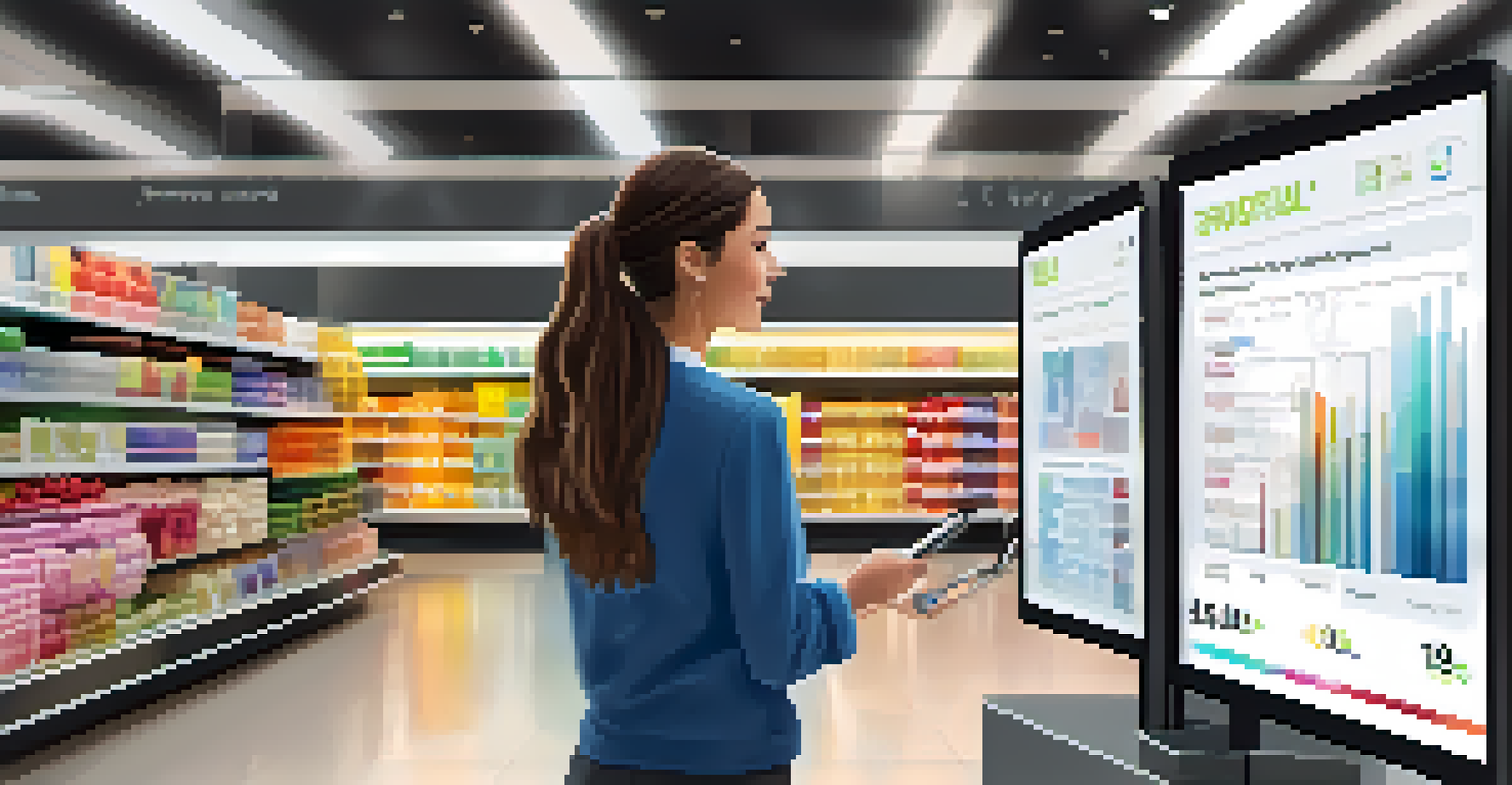 A shopper using a digital display for personalized recommendations in a modern retail environment.