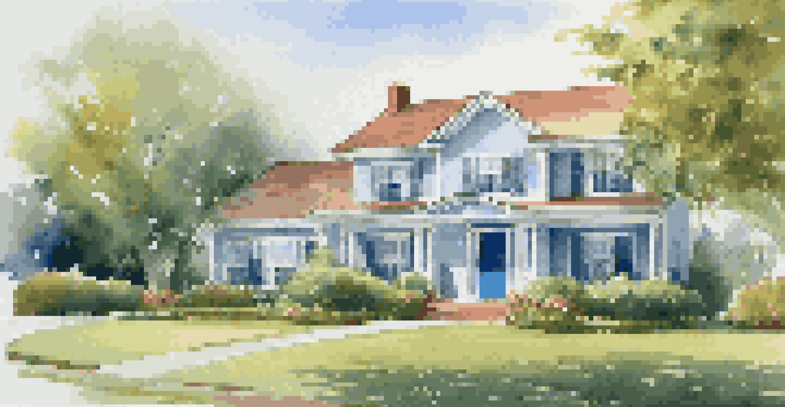 A well-maintained home exterior with trimmed hedges and a clear blue sky.