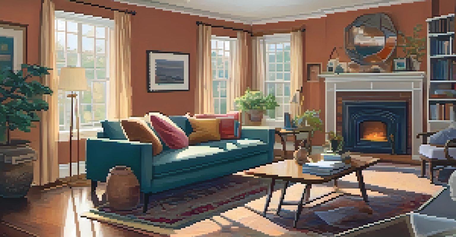 A home inspector examining a living room with a sofa and coffee table, focusing on details and possible issues.