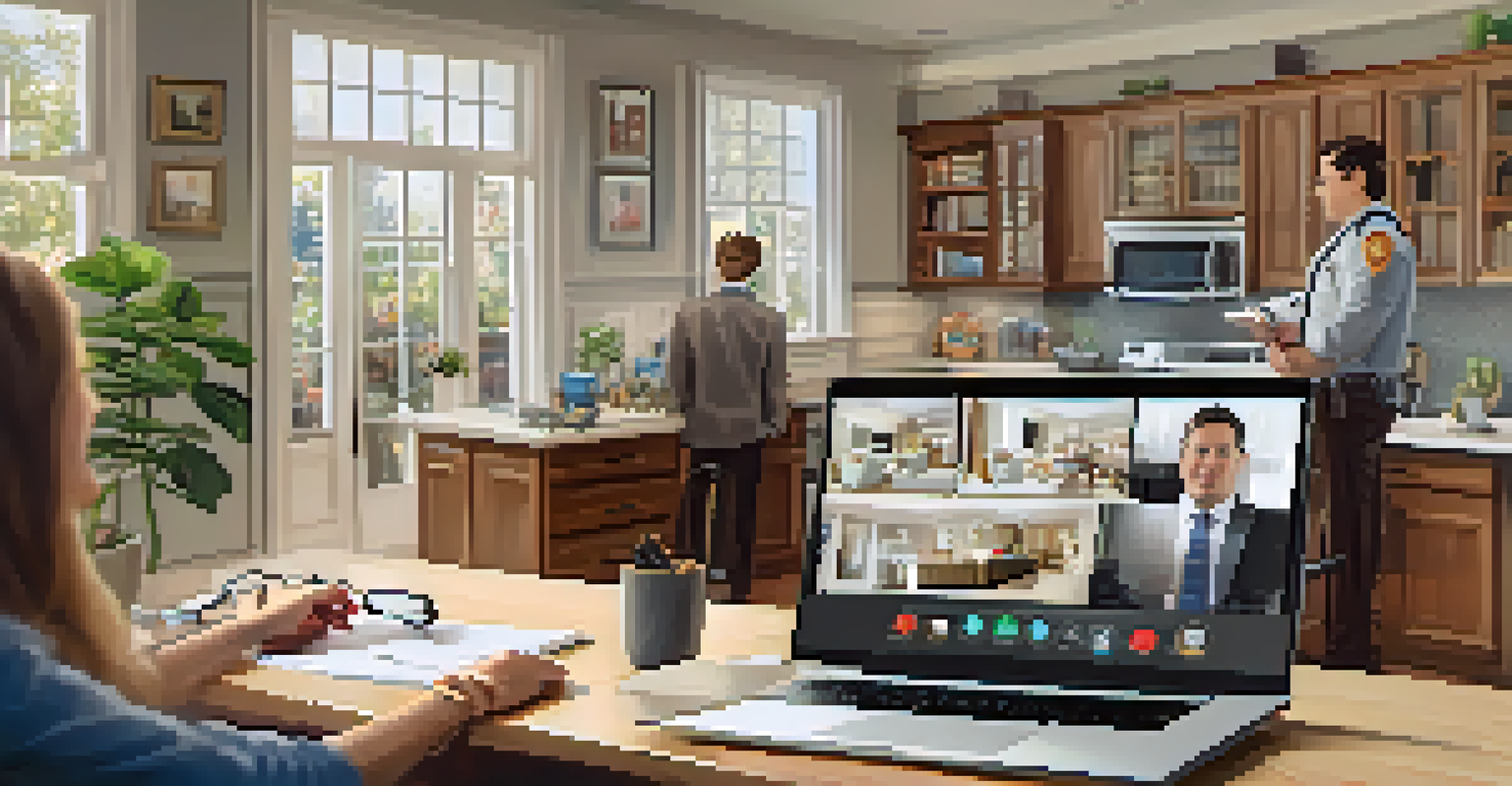 A home inspector performing a virtual inspection via video call, engaging with clients on a laptop.