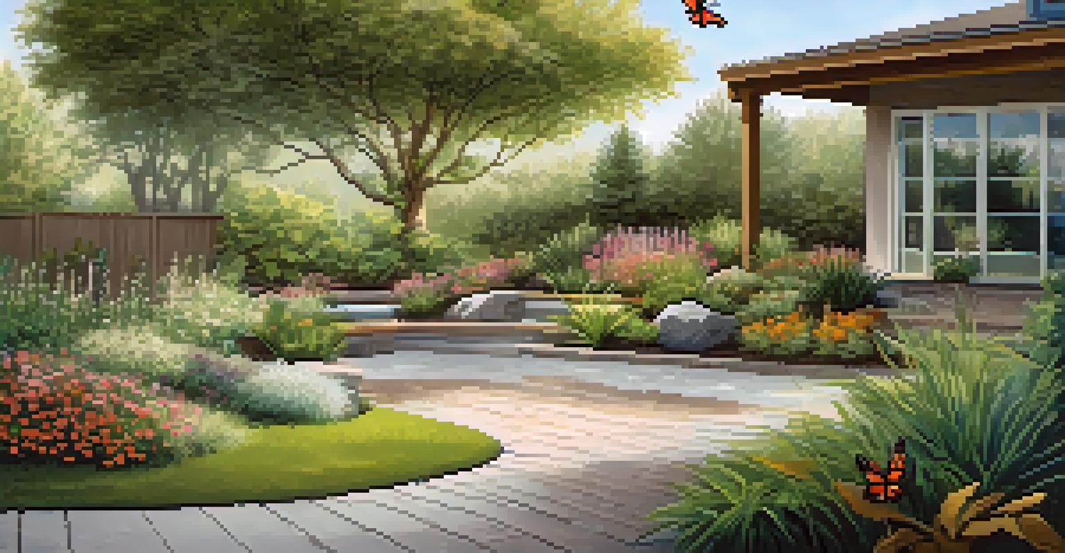 An outdoor landscape featuring permeable paving and native plants, with butterflies and a rainwater harvesting system, creating a harmonious natural setting.