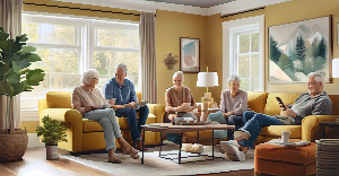 A multi-generational family gathered in a cozy living room, sharing stories and engaging with technology.