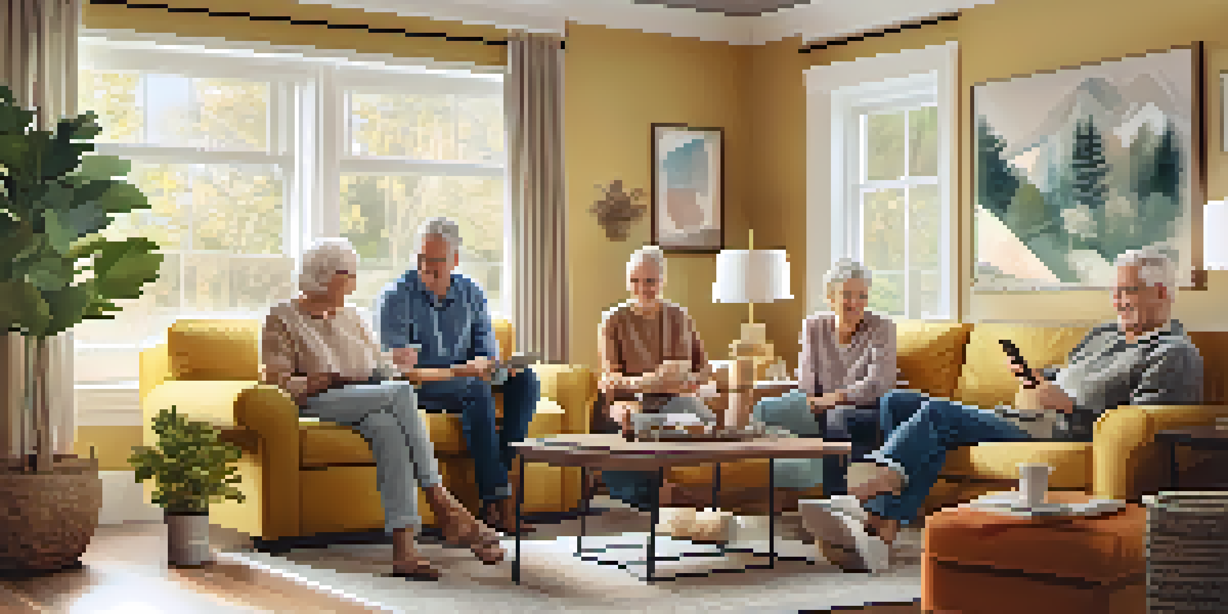 A multi-generational family gathered in a cozy living room, sharing stories and engaging with technology.