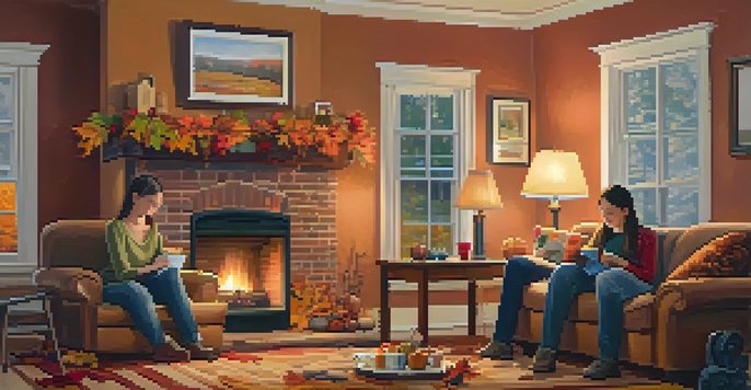 A family inspecting electrical outlets in a cozy autumn living room with a fireplace and colorful fall leaves.