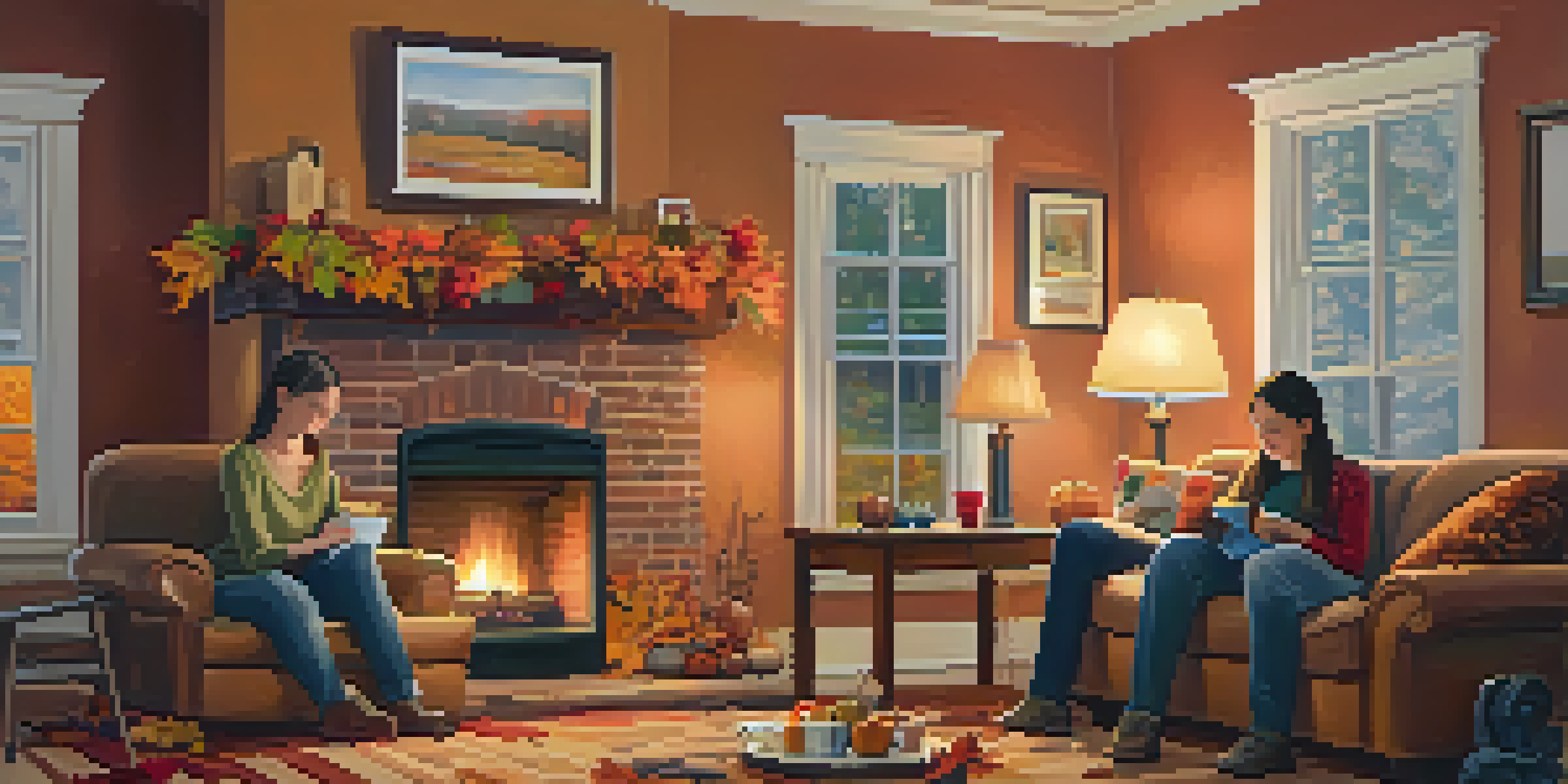 A family inspecting electrical outlets in a cozy autumn living room with a fireplace and colorful fall leaves.