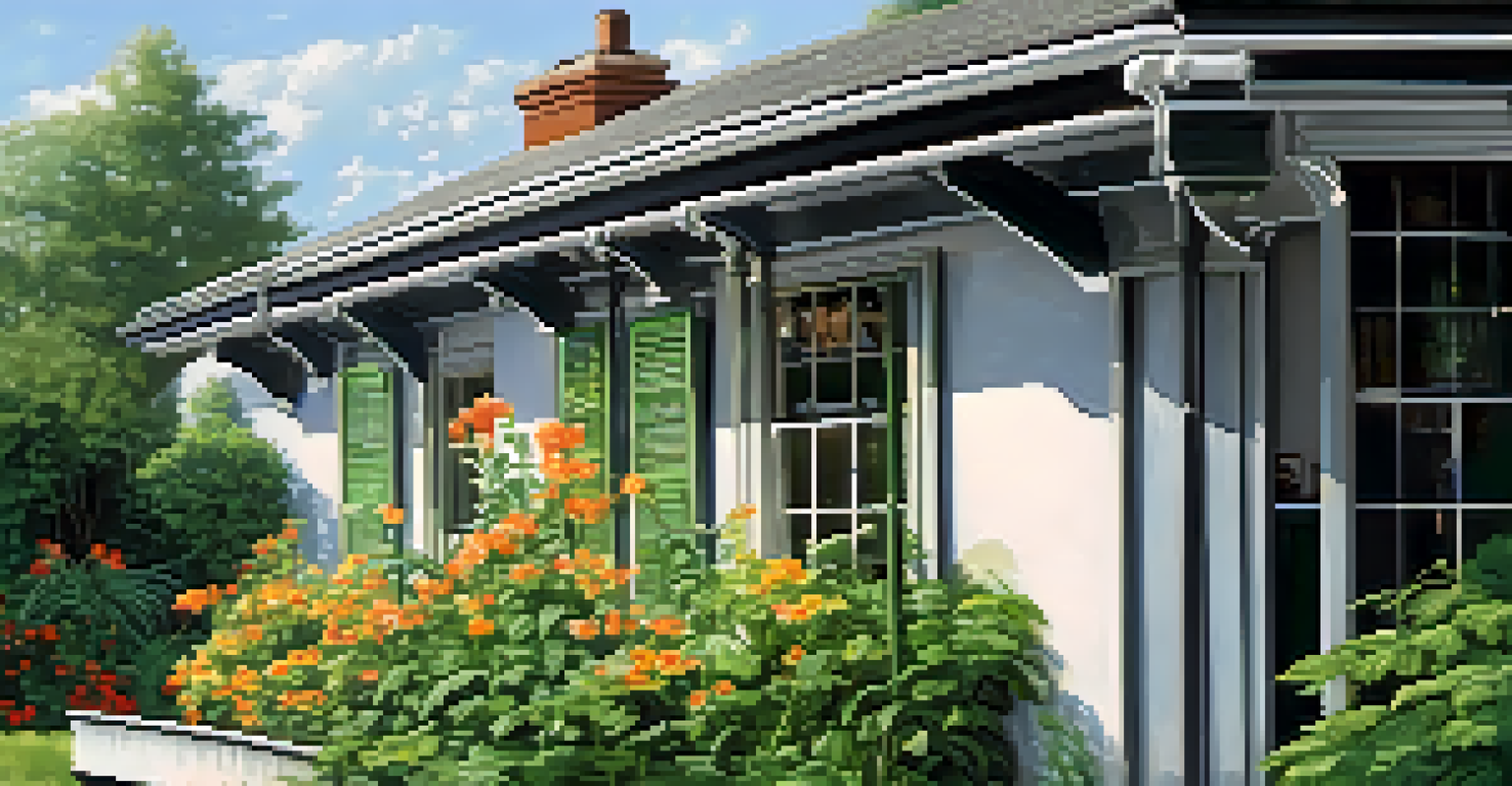 A clean gutter system with water flowing through downspouts, surrounded by lush green plants and flowers.